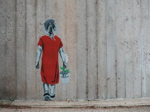 Preview Wallpaper Graffiti, Girl, Flower, Bucket, Wall, Street Art Wallpaper