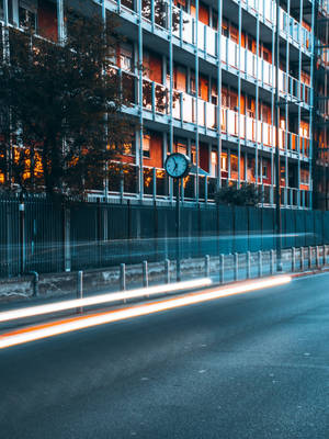 Preview Wallpaper Road, Clock, Building, Long Exposure, Glow Wallpaper