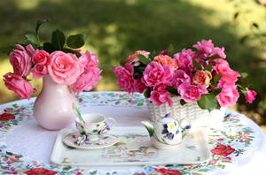 Preview Wallpaper Roses, Flowers, Bouquets, Vase, Basket, Table, Service, Tablecloth, Tea Party Wallpaper