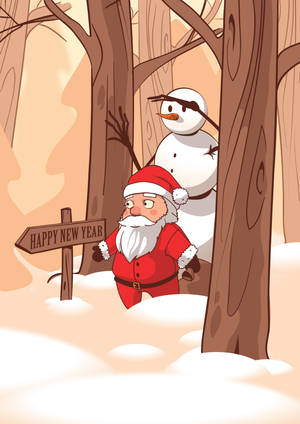 Preview Wallpaper Santa Claus, Snowman, New Year, Vector, Forest Wallpaper