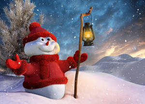 Preview Wallpaper Snowman, Staff, Lantern, 3d Graphics, Winter, Snow, Mountains, Tree Wallpaper