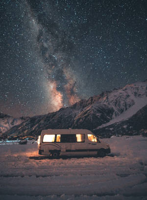 Preview Wallpaper Van, Mountains, Night, Starry Sky, Landscape, Travel Wallpaper