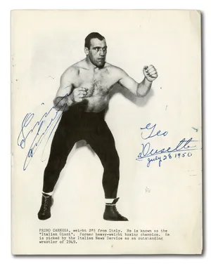 Primo Carnera, Legendary Heavyweight Boxing Champion - Signed Vintage Photograph Circa 1950 Wallpaper