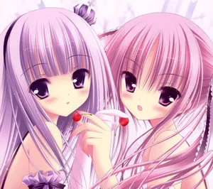 Purple Haired Anime Girls With Cherries Wallpaper