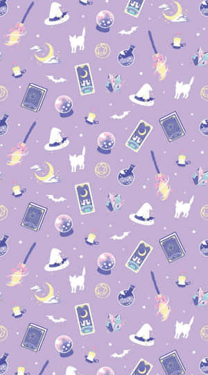 Purple Halloween Witch Gear And Cat Wallpaper