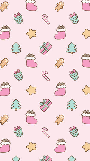 Pusheen Celebrating Christmas In Her Pink Santa Socks! Wallpaper