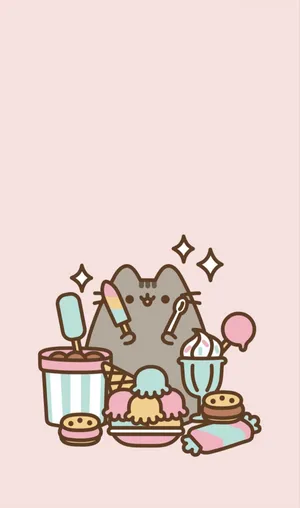 Pusheen Kawaii With Tasty Treats Wallpaper