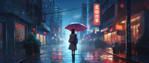 Rainy Night Cityscapewith Umbrella Wallpaper