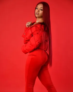 Red Ensemble Woman Portrait Wallpaper