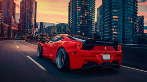 Red Ferrari Racing Car In City Wallpaper