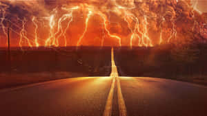 Red Lightning Road Stormy Sky Wallpaper