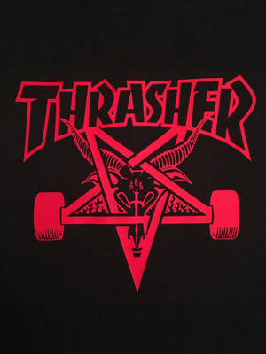 Red Thrasher Skategoat Logo On A Bold Background Wallpaper