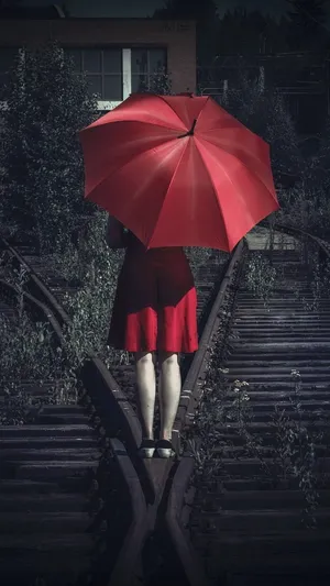 Red Umbrella Mystery Woman Railroad Wallpaper