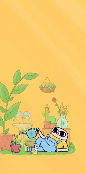 Relaxing Cartoon Character Gardening Mobile Wallpaper Wallpaper