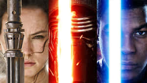 Rey From Star Wars - A Blaster And Her Glowing Lightsaber Ready Wallpaper