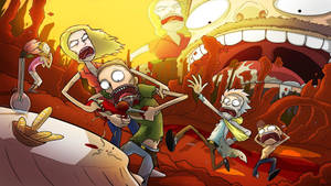 Rick And Morty Running Away From A Giant Head Wallpaper