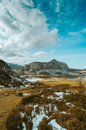 Rock With Snow And Grass Wallpaper