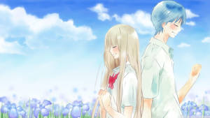 Romantic Anime Couple In Blue Field Wallpaper