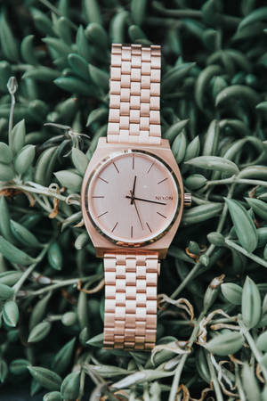 Round Gold-colored Nixon Analog Watch With Link Bracelet Wallpaper