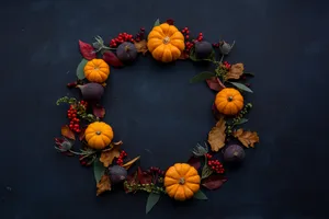 Round Halloween-themed Wreath On Blue Surface Wallpaper