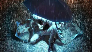 Sad Anime 4k On The Ground With Umbrella Wallpaper