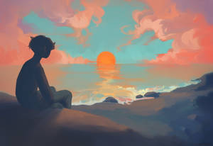 Sad Boy Anime Orange Sun Wallpaper