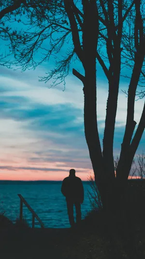 Sad Vibes Man Tree Sea Sunset Wallpaper