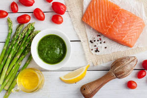 Salmon Asparagus Lemon And Green Sauce Wallpaper