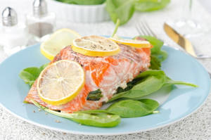 Salmon Lemon Slices And Laurel Leaves Wallpaper