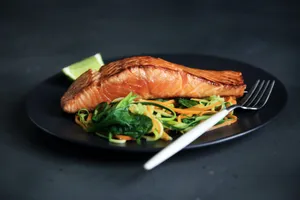 Salmon With Sliced Vegetables And Fork Wallpaper