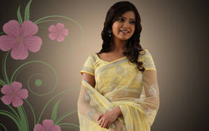 Samantha Yellow Saree Pink Flowers Wallpaper