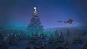 Santa Flying Above A Christmas Forest Wallpaper