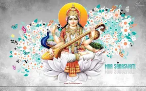 Saraswati Mata With Flowers Art Wallpaper