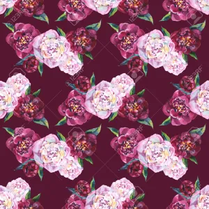 Seamless Pattern With Pink And White Flowers On A Maroon Background Wallpaper