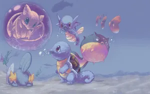 Shiny Mewtwo With Water Pokemons Wallpaper