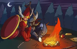 Shovel Knight And Shield Knight Enjoying A Moment Of Reprieve Wallpaper