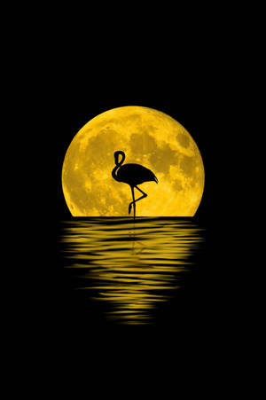 Silhouette Of A Flamingo In A Yellow Moonlight Wallpaper
