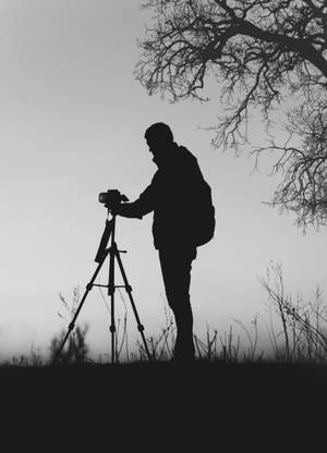 Silhouette Photo Of Man In Front Of Dslr Camera With Tripod Under Leafless Tree Wallpaper