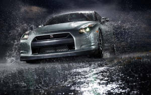 Silver Nissan Gtr Car Soaked In The Rain Wallpaper