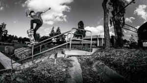 Skateboarder Grinding Down Rail Wallpaper