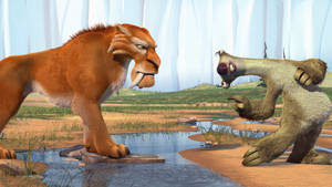 Sloth Joins Diego And Sid As They Fend Of A Saber-toothed Tiger In Ice Age Wallpaper