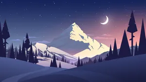 Snowy Mountain With Crescent Moon Illustration Art Wallpaper