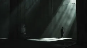 Solitary_ Figure_in_ Shadowy_ Rays.jpg Wallpaper