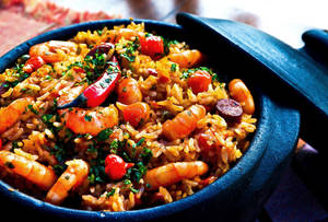 Spicy Shrimp Paella In A Large Pot Wallpaper