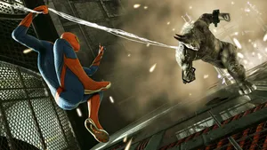 Spiderman Taking On A Rhinoceros Wallpaper
