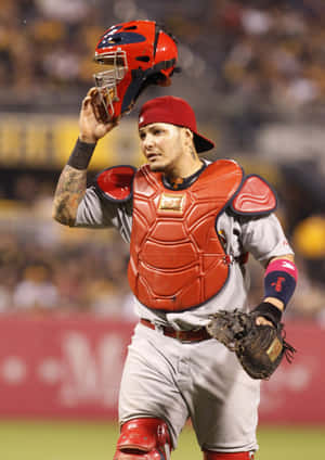 St. Louis Cardinals Yadier Molina Celebrates A Successful Play Wallpaper