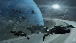 Star Citizen Spaceships Orbiting Saturn Wallpaper