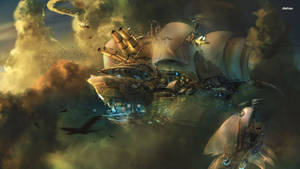 Steampunk Airships Soaring High Above The Clouds. Wallpaper