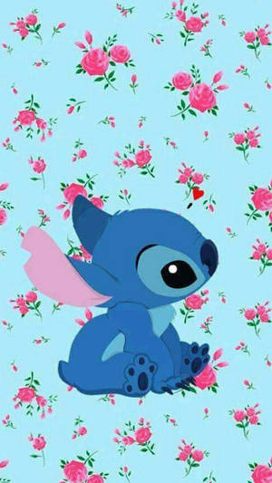 Stitch With A Bouquet Of Pink Roses Wallpaper
