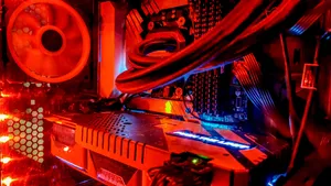 Striking Red Personal Computer Setup Wallpaper